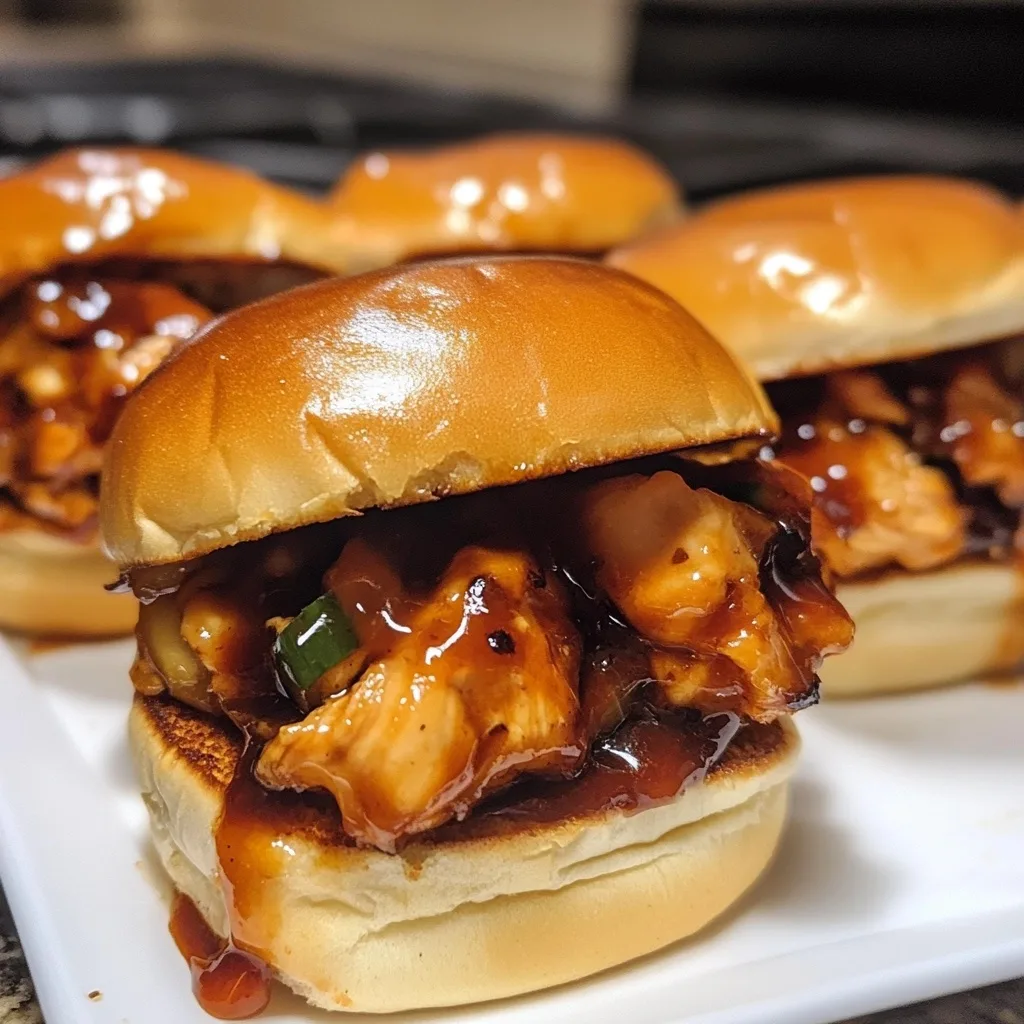Single Korean BBQ Chicken Slider with glossy sauce dripping and green onion garnish
