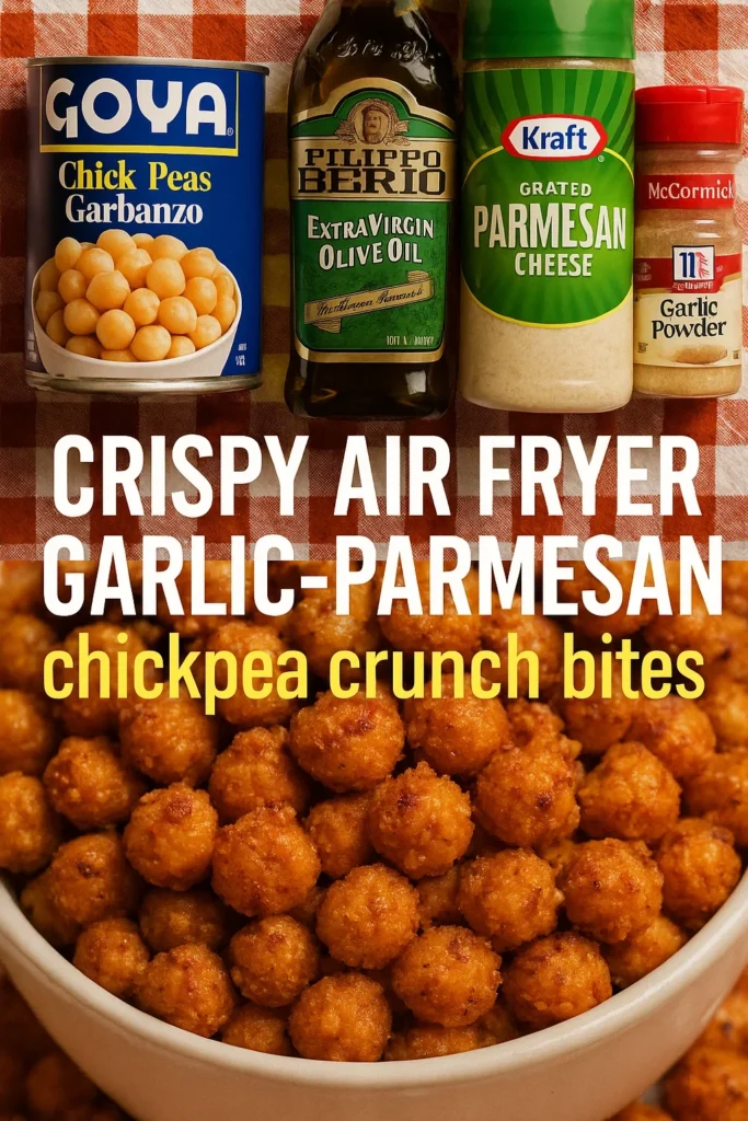 Recipe ingredients for crispy air fryer garlic-parmesan chickpea crunch bites including Goya chickpeas, olive oil, parmesan cheese, and garlic powder