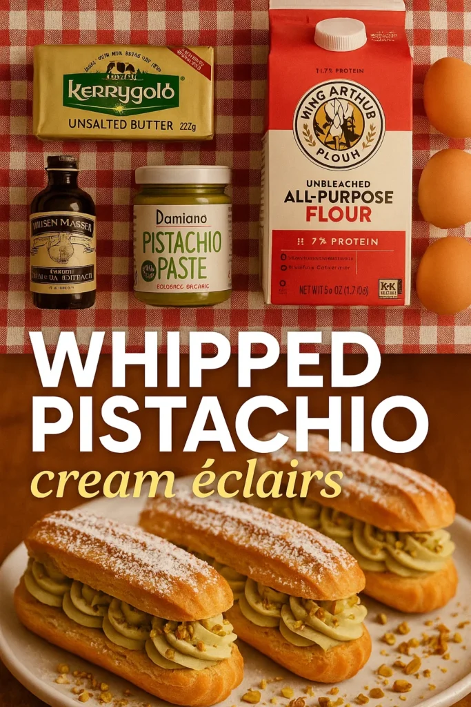 Ingredients for pistachio cream éclairs laid flat on a red checkered cloth including butter, flour, eggs, and pistachio paste