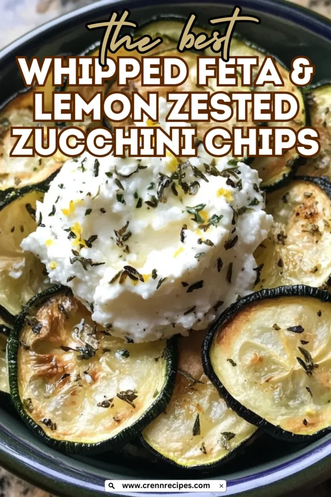 Close-up of whipped feta dip with crispy baked zucchini chips garnished with herbs and lemon zest