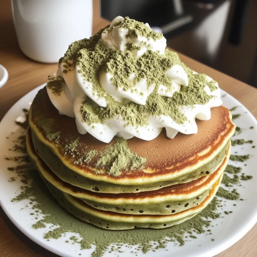 Stack of green matcha pancakes on a white plate with whipped cream and matcha powder, served on a wooden table