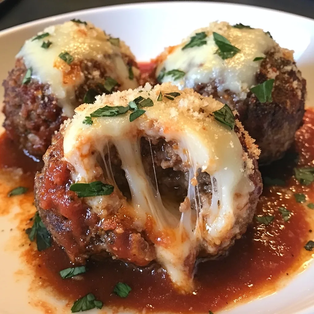 Cut-open Melty Mozzarella Stuffed Meatball showing stretchy cheese pull in marinara sauce