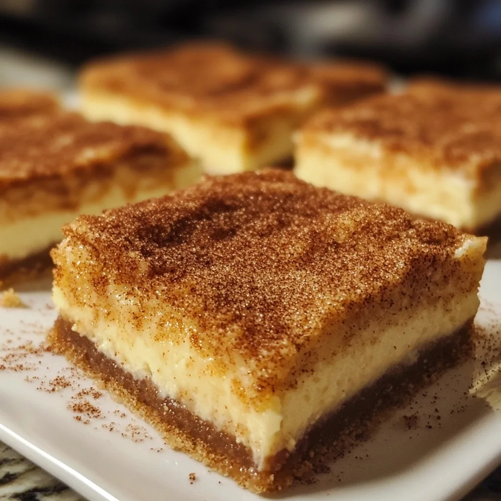 Single churro cheesecake bar on a white plate showing distinct layers of crust, cheesecake, and cinnamon topping