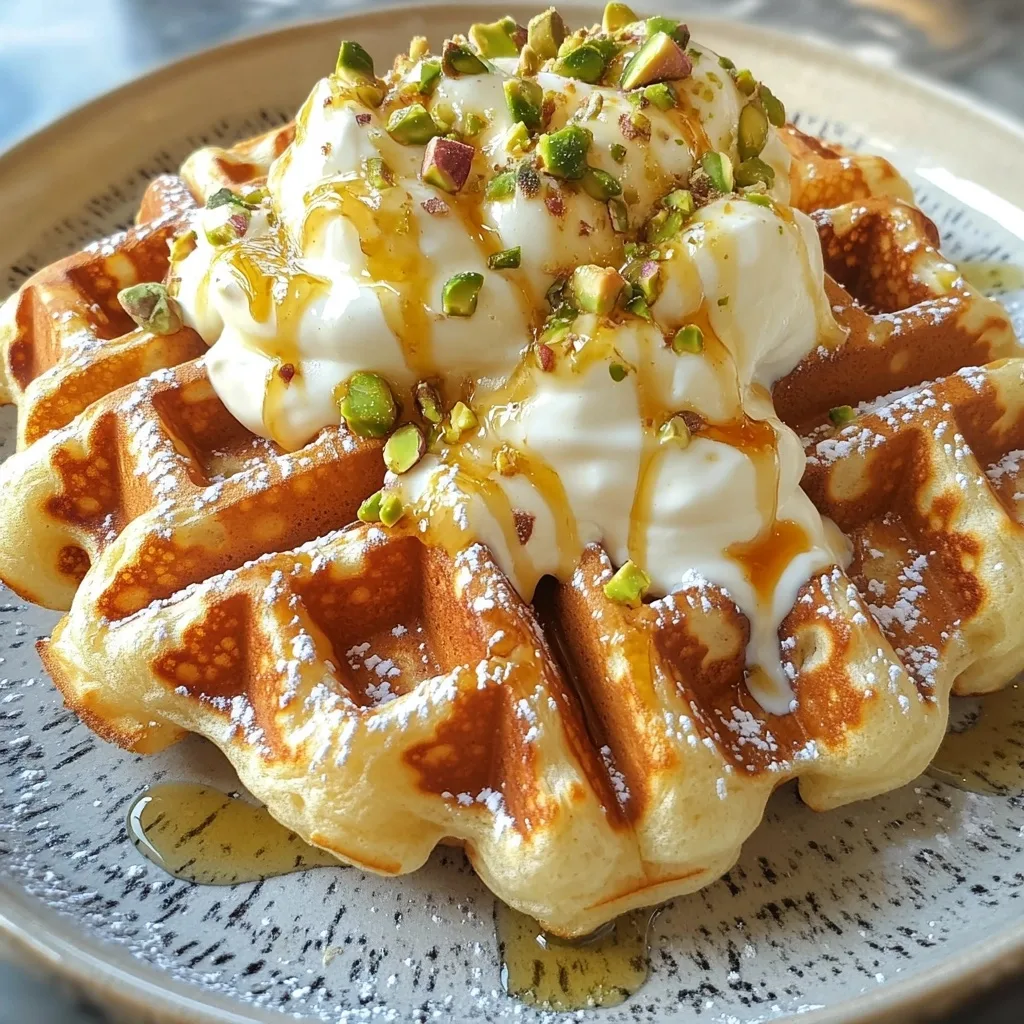 Close-up of a croissant waffle with honey-pistachio cream topping, honey drizzle, and powdered sugar on a decorative plate.