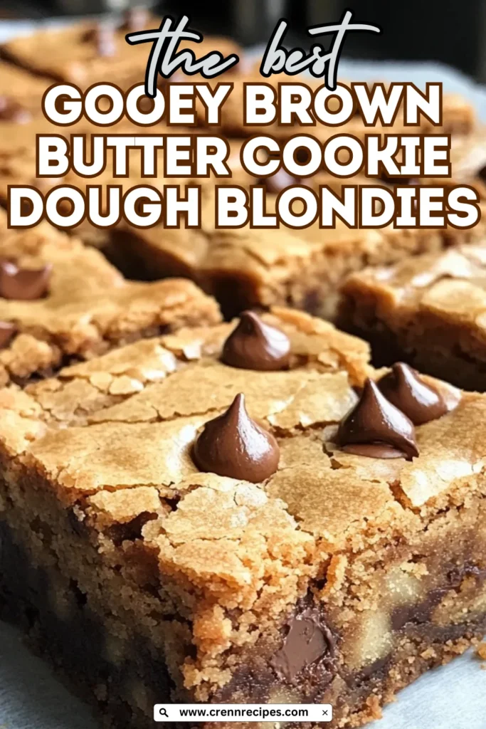 Marketing image for gooey brown butter cookie dough blondies with text overlay and close-up of blondie texture with chocolate chips