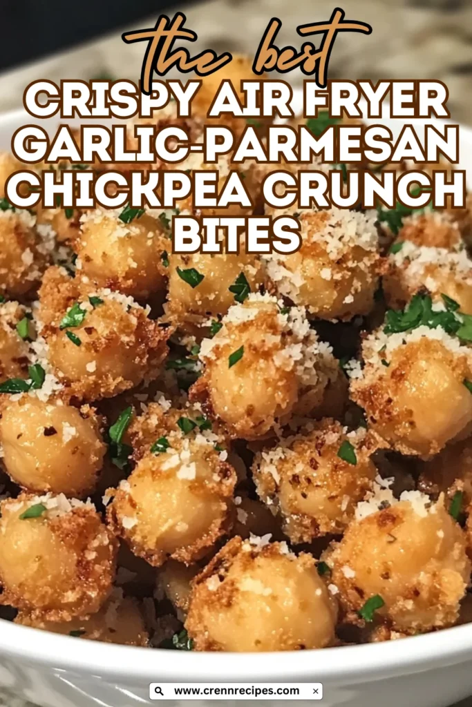 Pinterest-style promotional image for crispy air fryer garlic-parmesan chickpea crunch bites recipe with text overlay and website link