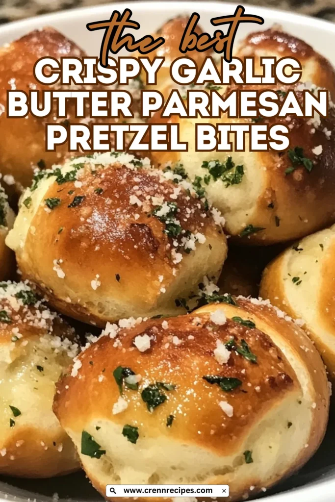 Pinterest-style recipe image of garlic butter parmesan pretzel bites with large text overlay reading "the best CRISPY GARLIC BUTTER PARMESAN PRETZEL BITES".