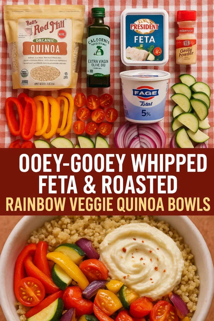 Flat-lay of quinoa, olive oil, feta, yogurt, and rainbow vegetable ingredients on checkered cloth