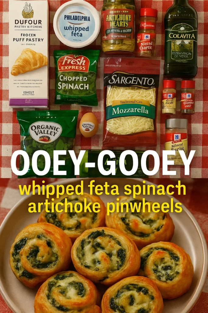 Overhead view of all ingredients needed for whipped feta spinach artichoke pinwheels arranged on a red checkered tablecloth.