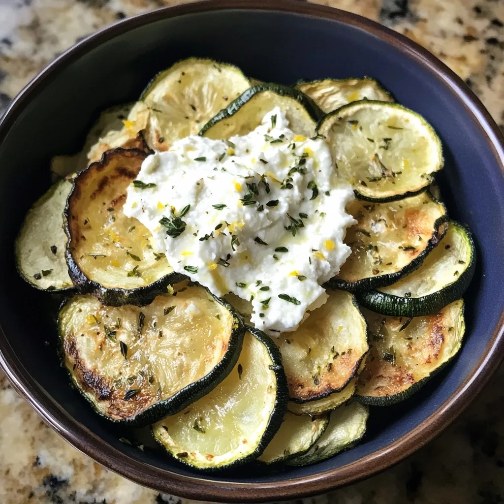 Roasted zucchini slices topped with whipped feta cheese and herbs in a dark bowl