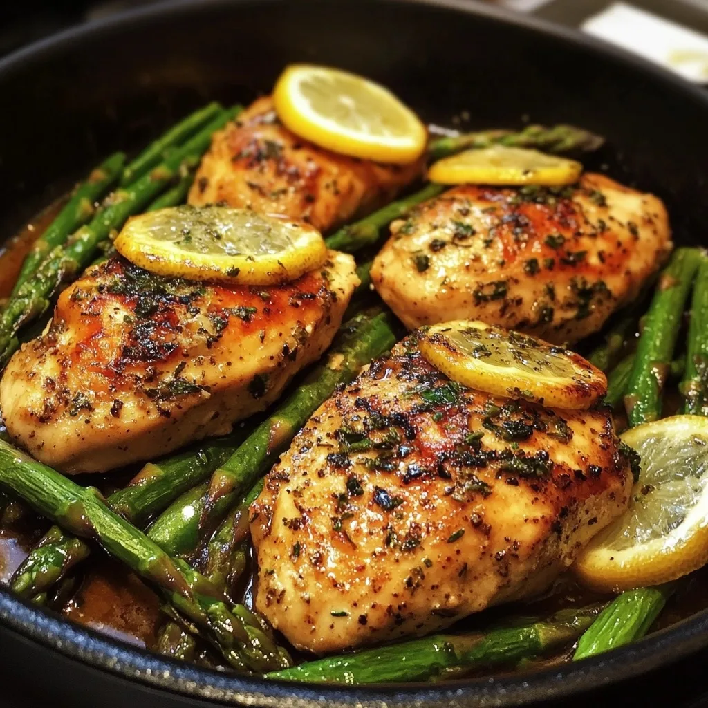 Four herb-crusted chicken breasts with lemon slices arranged among vibrant green asparagus in a dark skillet with pan sauce.