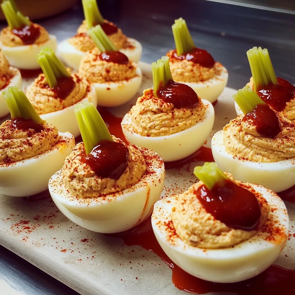Bloody Mary deviled eggs with red sauce, celery sticks and paprika dusting on a serving plate