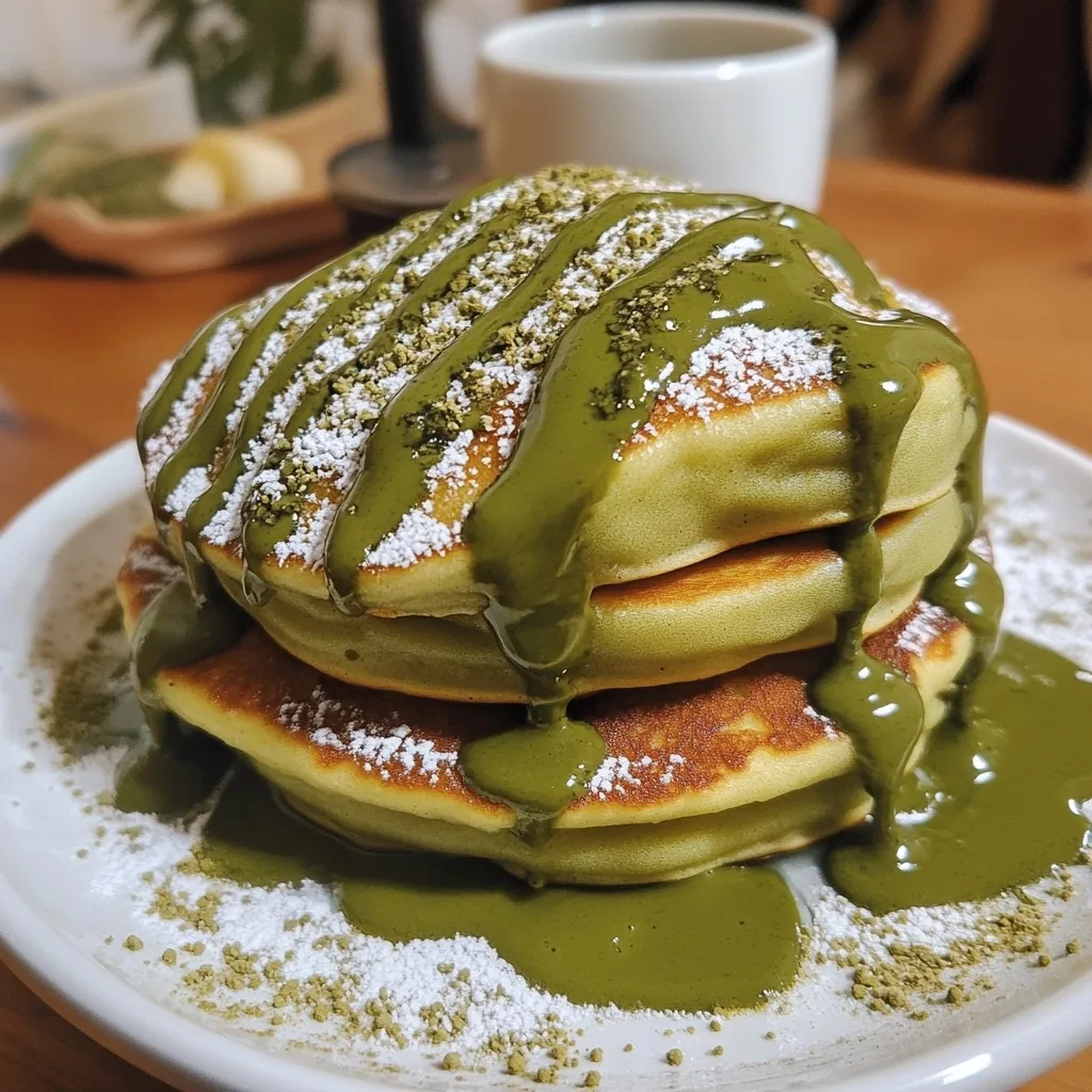 Stack of matcha mochi pancakes on a white plate topped with green matcha sauce, powdered sugar, and matcha powder with a coffee cup in the background