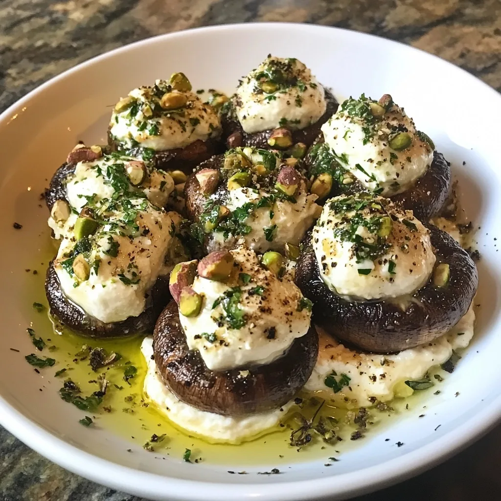 Platter of stuffed mushrooms topped with goat cheese, pistachios, and herbs in olive oil.
