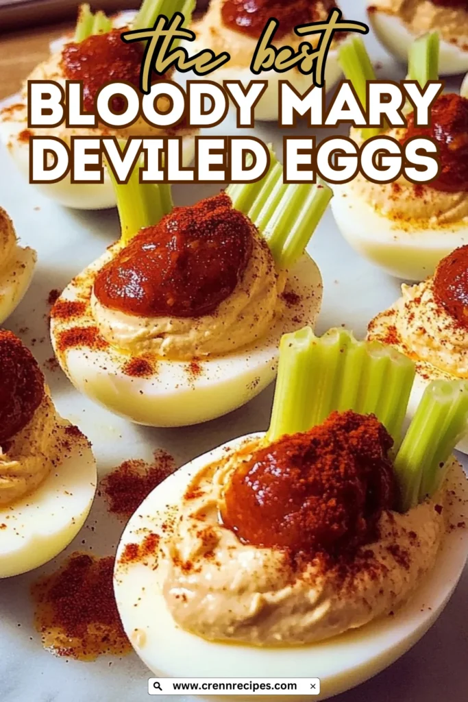 Close-up of Bloody Mary deviled eggs with celery sticks, paprika and sauce topping with recipe website overlay