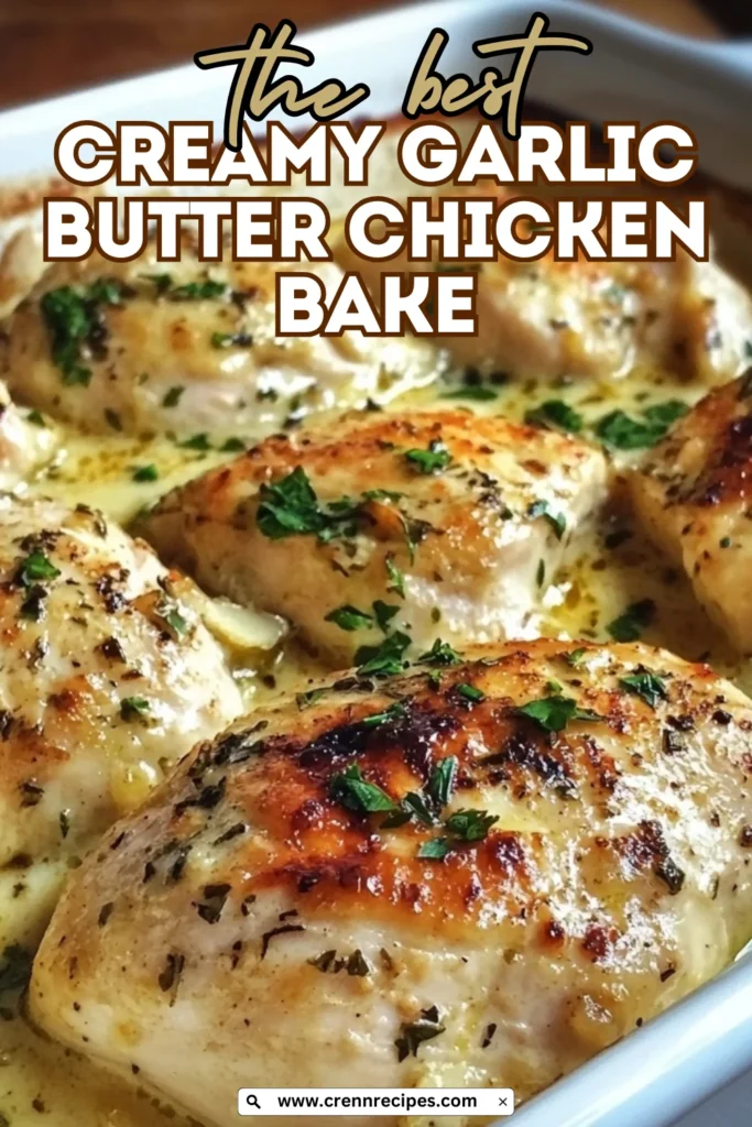 The best Creamy Garlic Butter Chicken Bake with parsley garnish and text overlay
