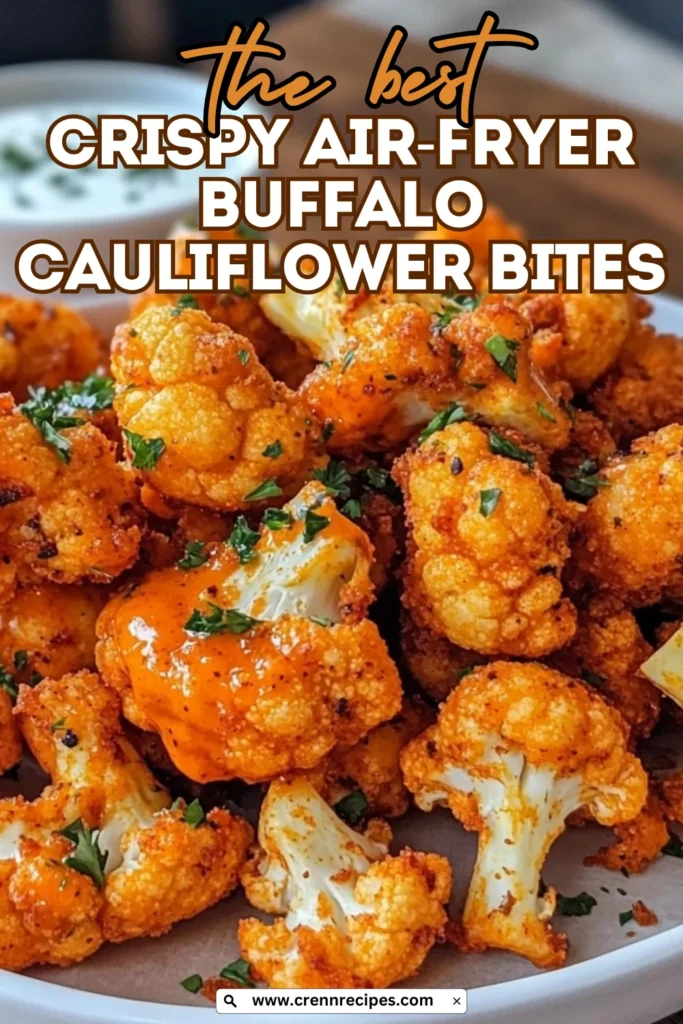 Close-up of bright orange buffalo cauliflower bites with text overlay reading "the best Crispy Air-Fryer Buffalo Cauliflower Bites."