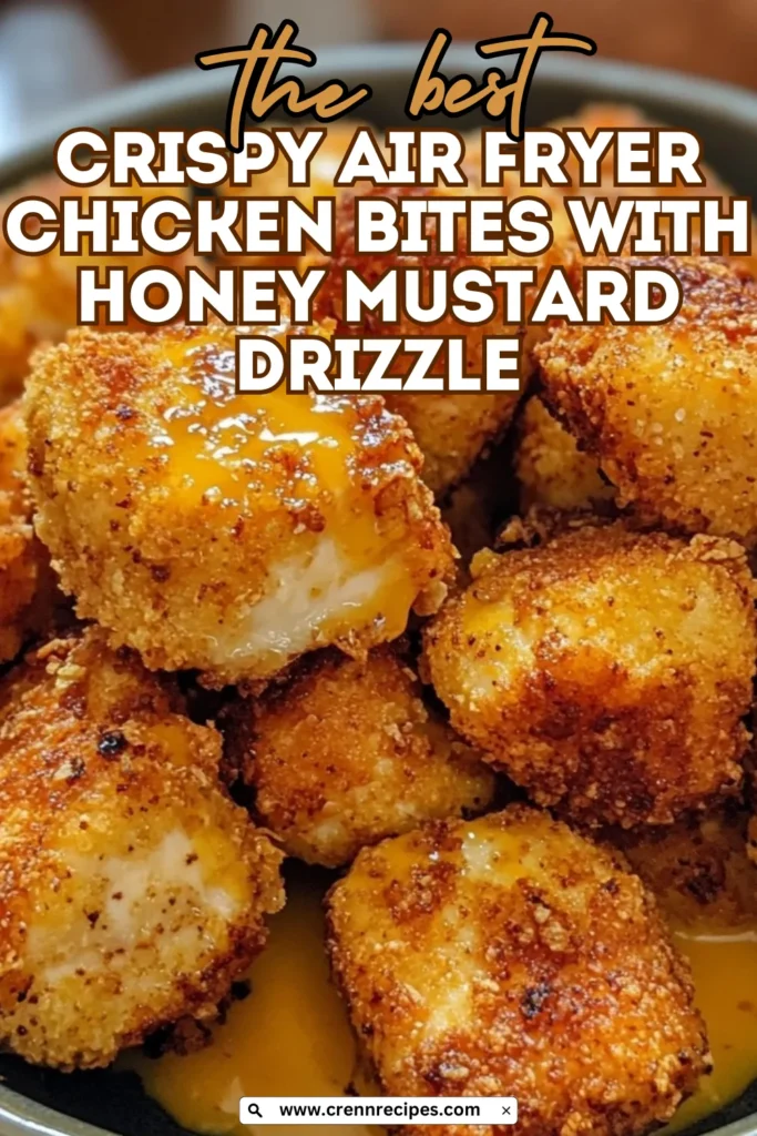 Close-up of crispy chicken bites with honey mustard drizzle with text overlay stating 'the best Crispy Air Fryer Chicken Bites with Honey Mustard Drizzle
