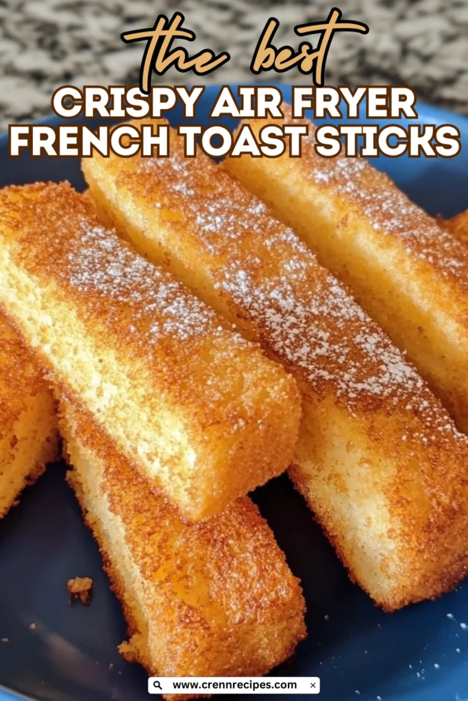 Close-up of crispy air fryer french toast sticks with text overlay 'the best crispy air fryer french toast sticks