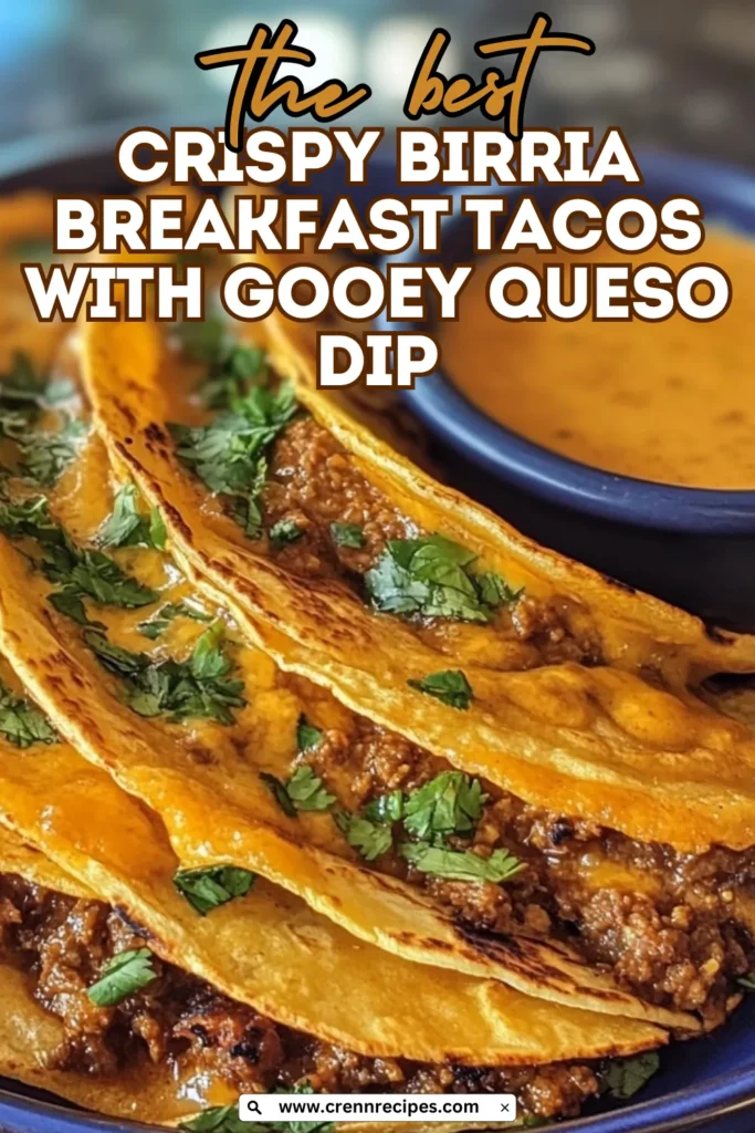 Text overlay reading "the best CRISPY BIRRIA BREAKFAST TACOS WITH GOOEY QUESO DIP" on an image of golden fried birria tacos with cilantro garnish.