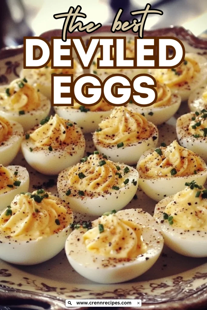 Recipe title graphic for 'The Best Deviled Eggs' featuring close-up of deviled eggs garnished with chives and paprika