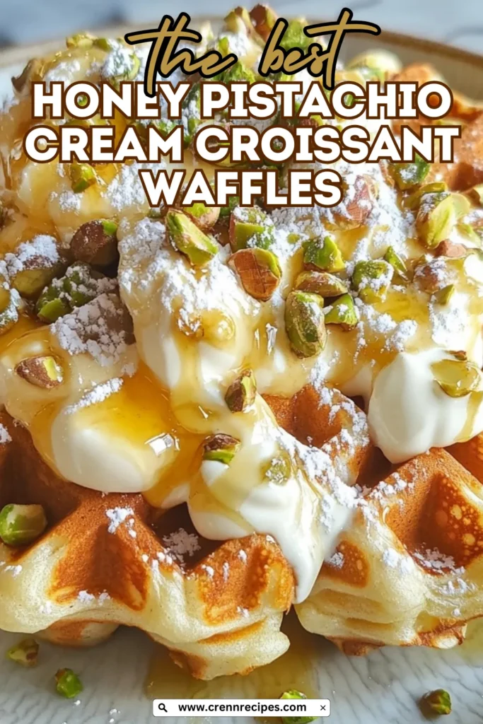 Close-up of honey pistachio cream croissant waffle with text overlay "the best HONEY PISTACHIO CREAM CROISSANT WAFFLES" and website URL.