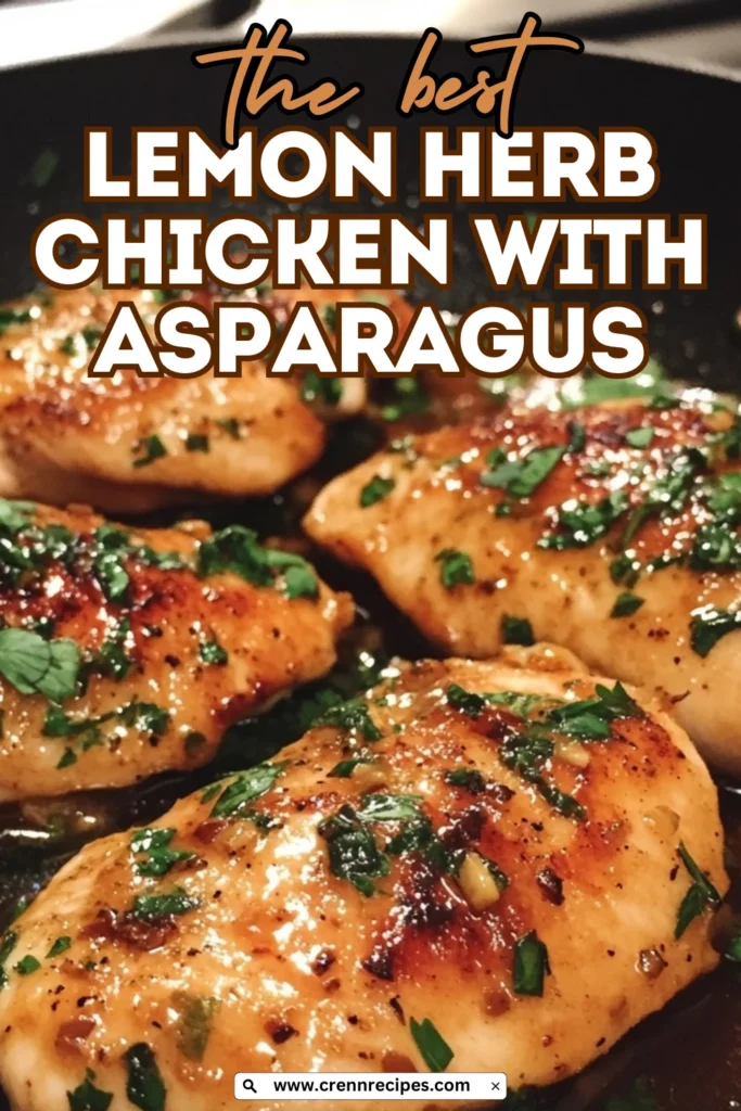 Lemon herb chicken thighs in a skillet with website promotion text overlay