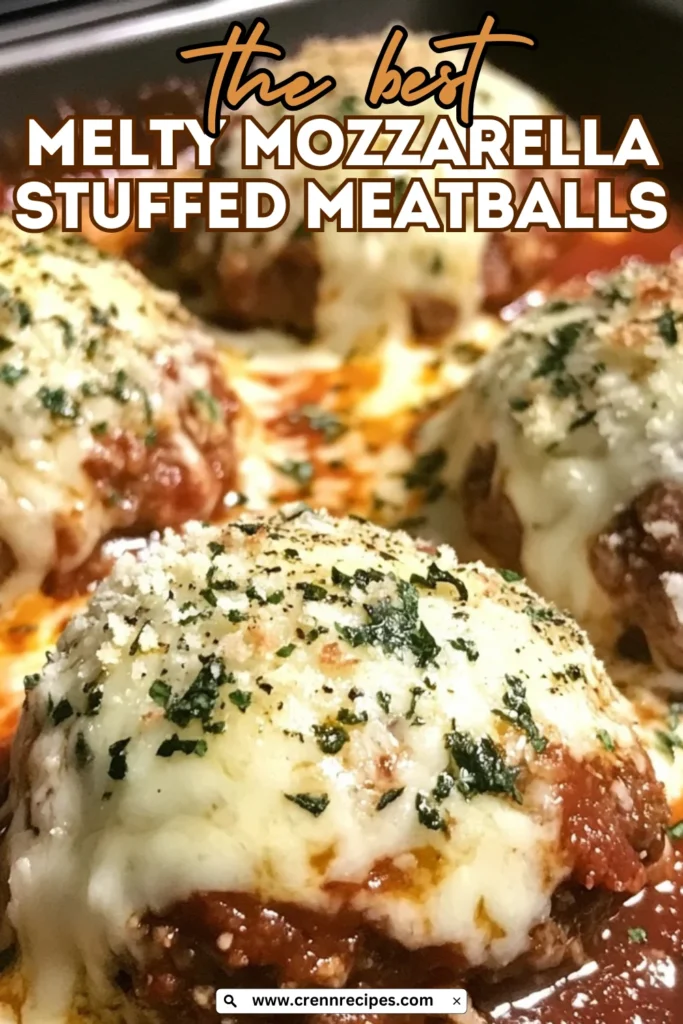 Close-up of cheesy Melty Mozzarella Stuffed Meatballs with melted cheese on top and herbs