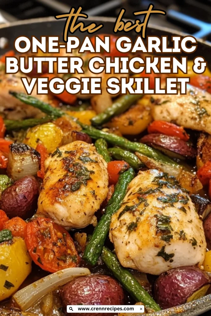 Close-up of seasoned chicken breasts with herbs and various roasted vegetables including green beans, potatoes, and tomatoes in a skillet.