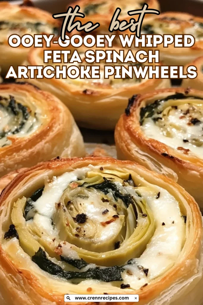 Social media style image of whipped feta spinach artichoke pinwheels with bold overlay text reading "the best OOEY-GOOEY WHIPPED FETA SPINACH ARTICHOKE PINWHEELS."