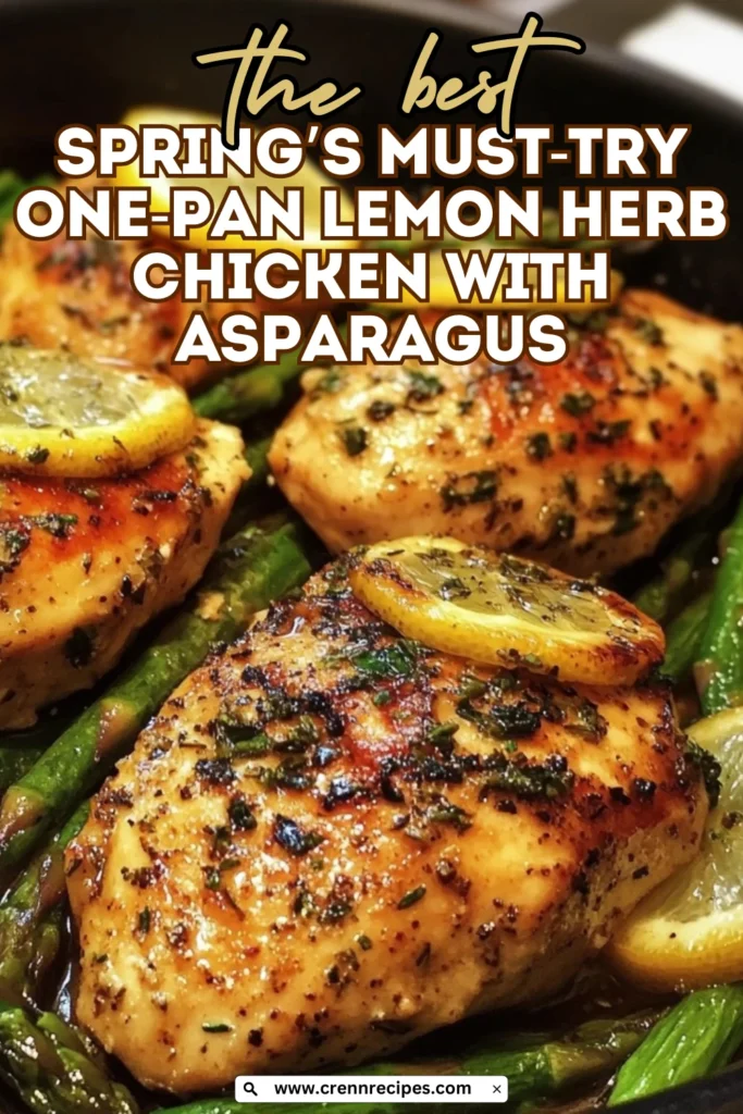 Close-up of herb-crusted chicken breasts with lemon slices and asparagus in a skillet with text overlay reading 'the best SPRING'S MUST-TRY ONE-PAN LEMON HERB CHICKEN WITH ASPARAGUS'.