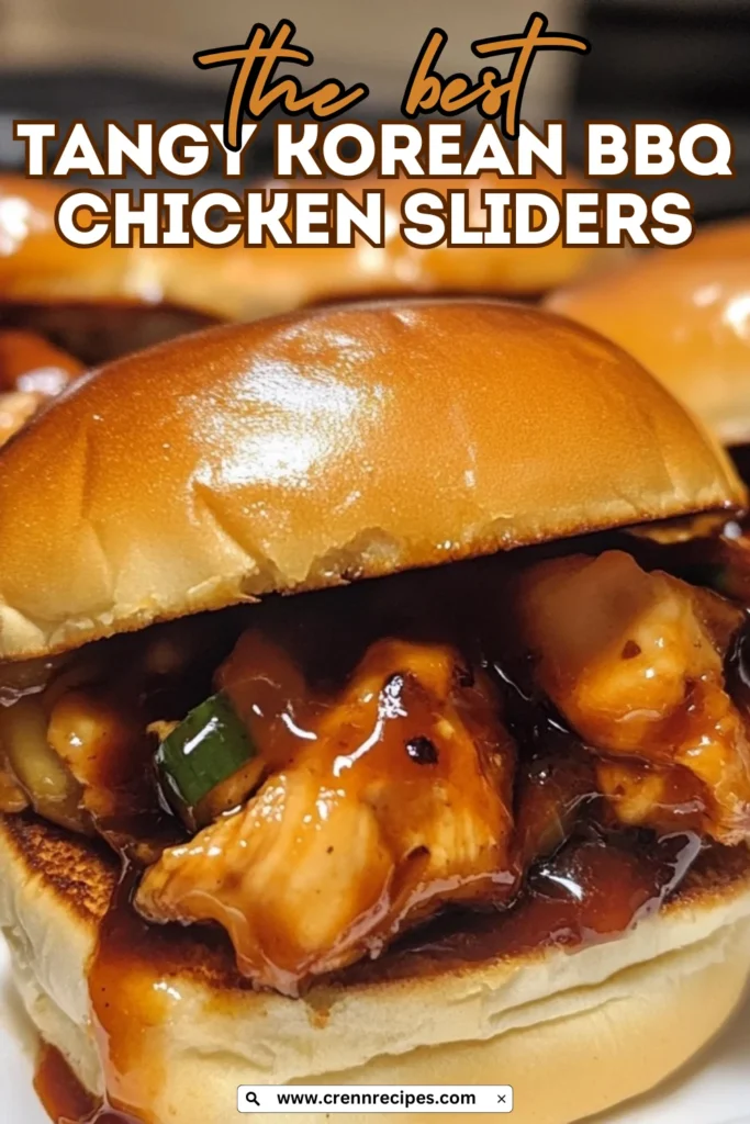 Tangy Korean BBQ Chicken Sliders with golden buns and visible website link