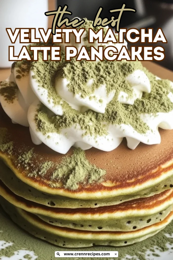 Stack of light green matcha pancakes topped with whipped cream dusted with matcha powder
