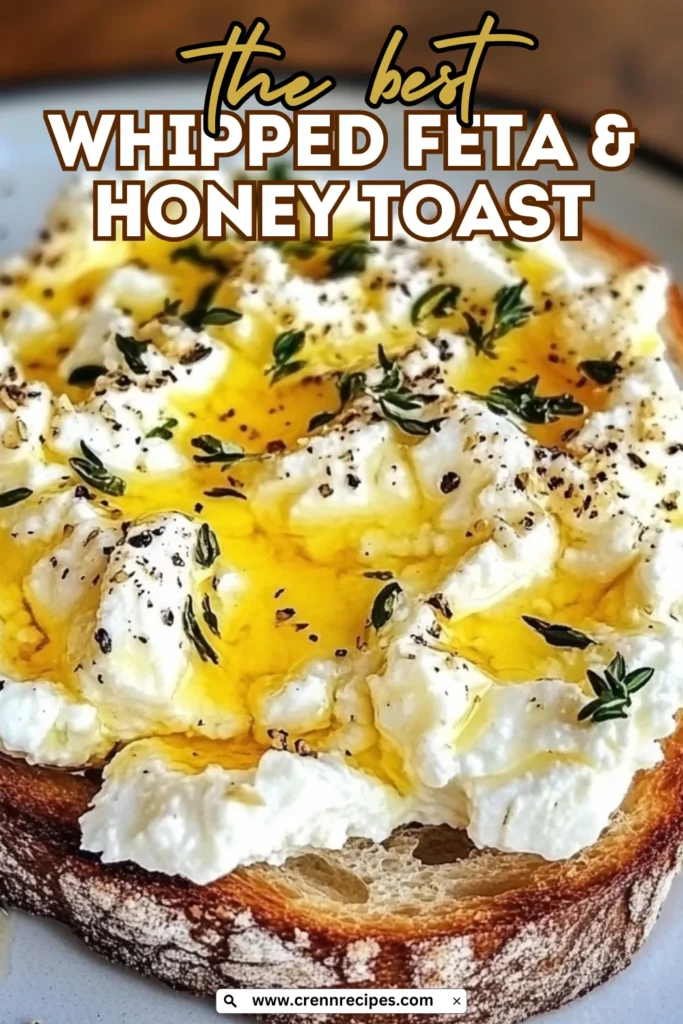 Close-up of whipped feta and honey toast garnished with herbs and black pepper with website overlay