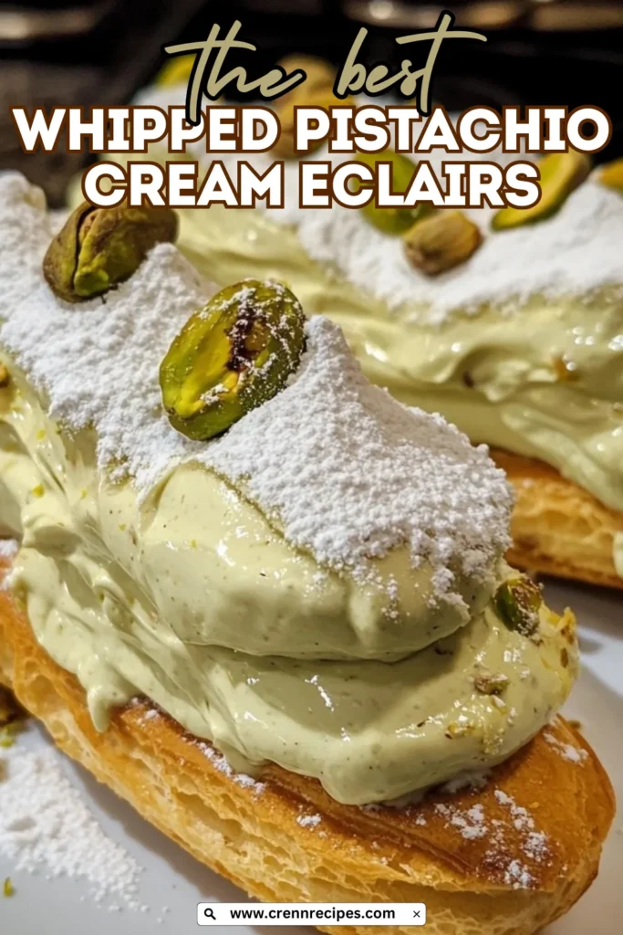 Close-up of pistachio cream éclairs with powdered sugar and green filling against a dark background with website URL