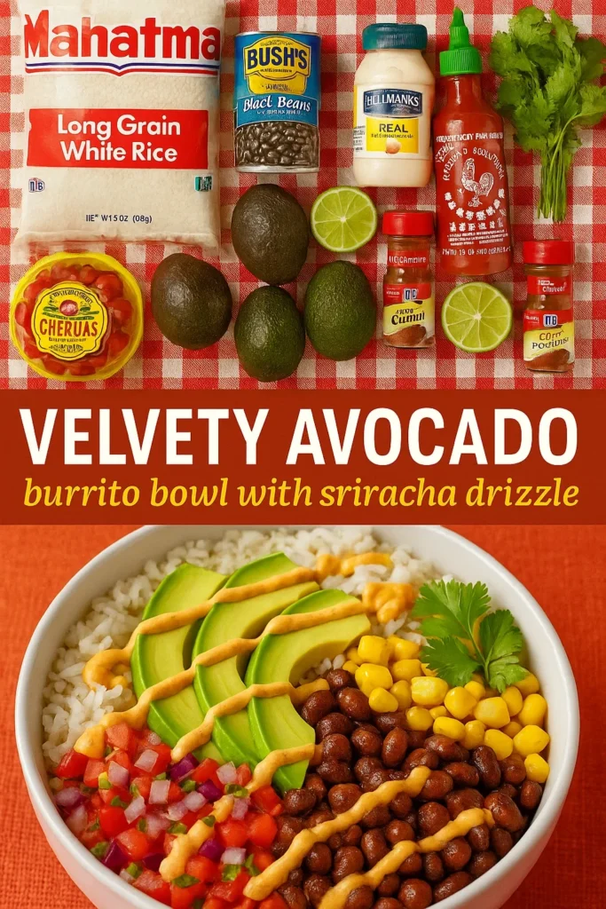 Ingredients for avocado burrito bowl including rice, black beans, avocados, tomatoes, limes, and condiments displayed on a red checkered cloth, with the finished bowl below featuring sriracha drizzle.