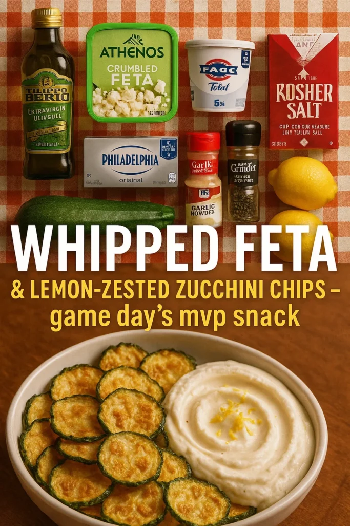 Ingredients for whipped feta dip including olive oil, feta cheese, Greek yogurt, cream cheese, and seasonings with zucchini chips