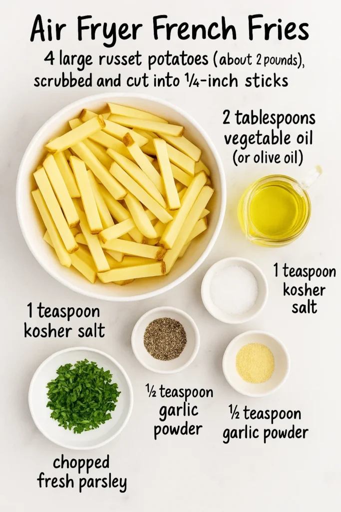 Ingredients for Air Fryer French Fries laid out including cut potatoes, oil, salt, pepper, garlic powder and parsley