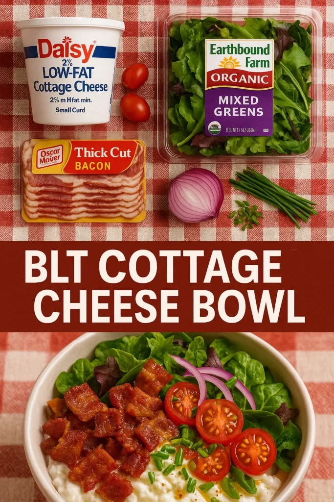 Ingredients for BLT Cottage Cheese Bowl including cottage cheese container, bacon package, cherry tomatoes, mixed greens, red onion and chives on red checkered cloth