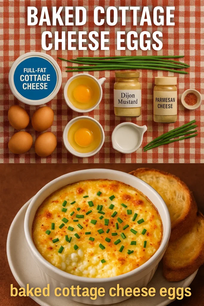 Baked cottage cheese eggs recipe ingredients laid out on checkered tablecloth with finished dish and toast below