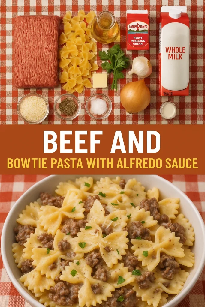 Ingredients for Beef and Bowtie Pasta with Alfredo Sauce arranged on red checkered tablecloth including ground beef, farfalle, cheese, and aromatics