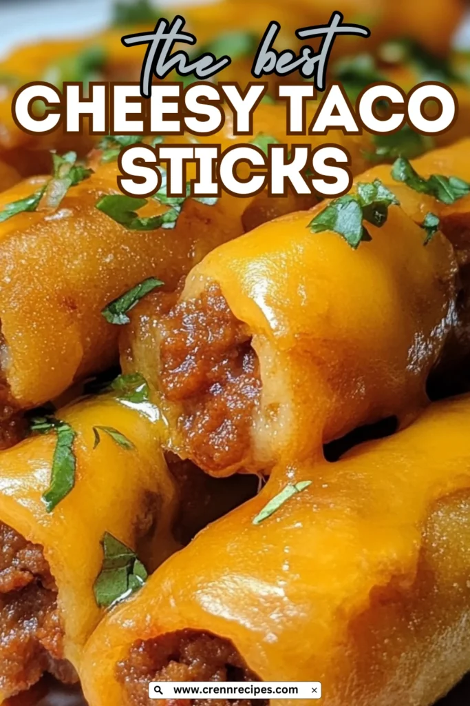 A close-up of Cheesy Taco Sticks filled with ground beef, melted cheese, and topped with fresh cilantro.