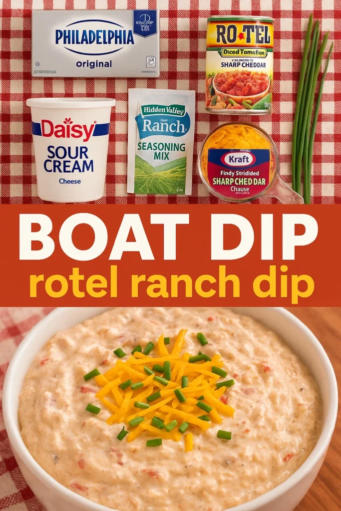 Ingredients for Boat Dip (Rotel Ranch Dip) arranged on red checkered tablecloth - cream cheese, sour cream, ranch seasoning, Rotel, cheddar and green onions