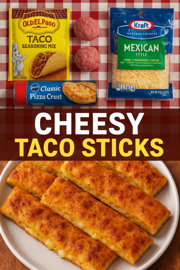 A photo of ingredients for making Cheesy Taco Sticks, including taco seasoning, pizza crust, Mexican cheese, and ground beef.