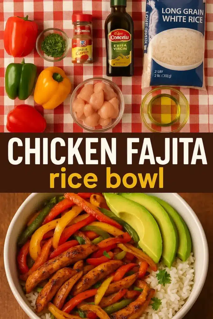 Overhead view of Chicken Fajita Rice Bowl ingredients and completed dish with sliced avocado