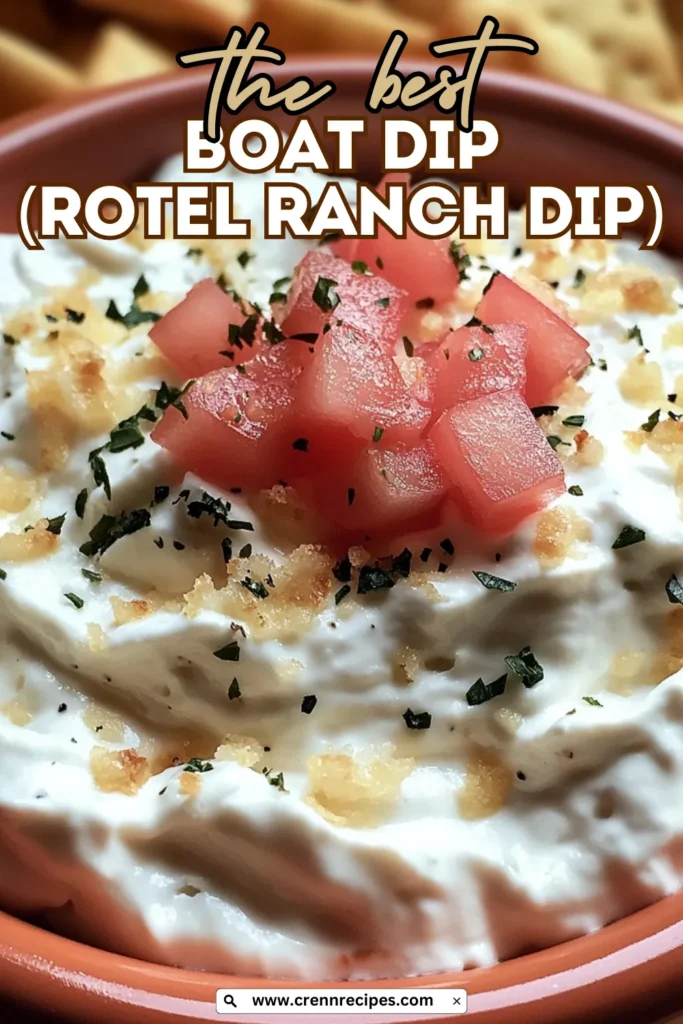 Extreme close-up of creamy Boat Dip (Rotel Ranch Dip) showing texture with diced tomato and herb garnish in terracotta bowl