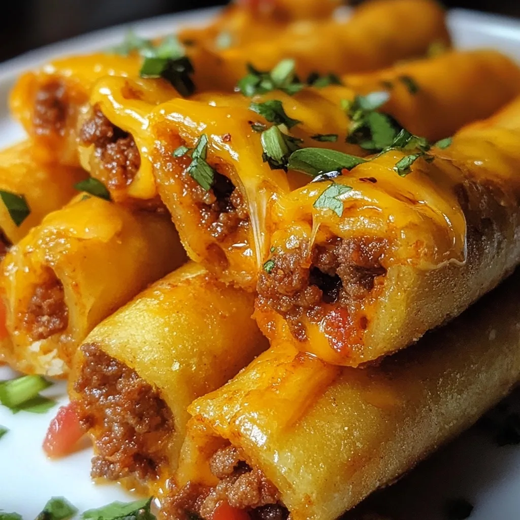 Close-up of sliced Cheesy Taco Sticks with taco-seasoned ground beef, melted cheddar cheese, and fresh herbs