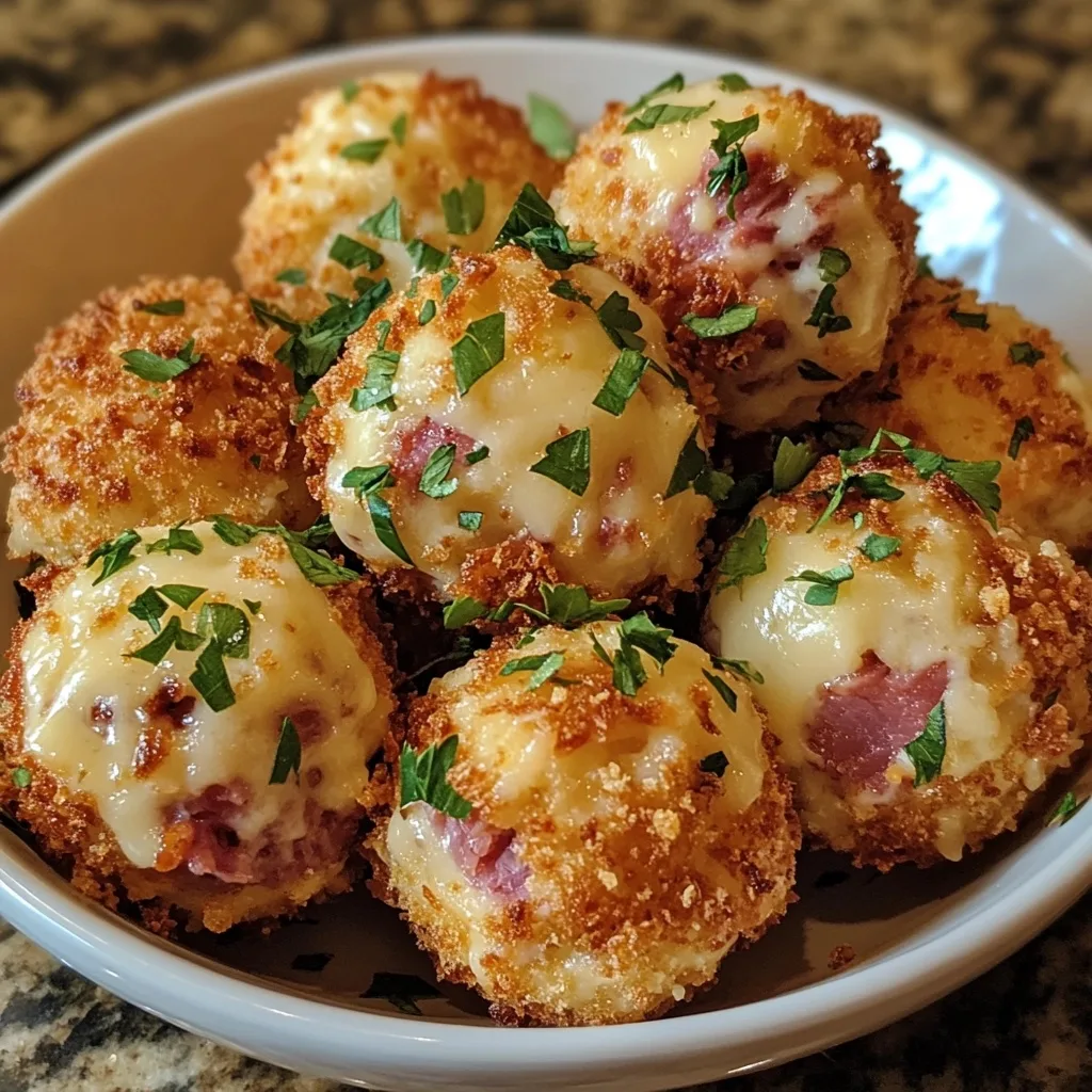 Close-up of golden-brown Reuben Balls with Swiss cheese and corned beef filling visible in one broken-open ball