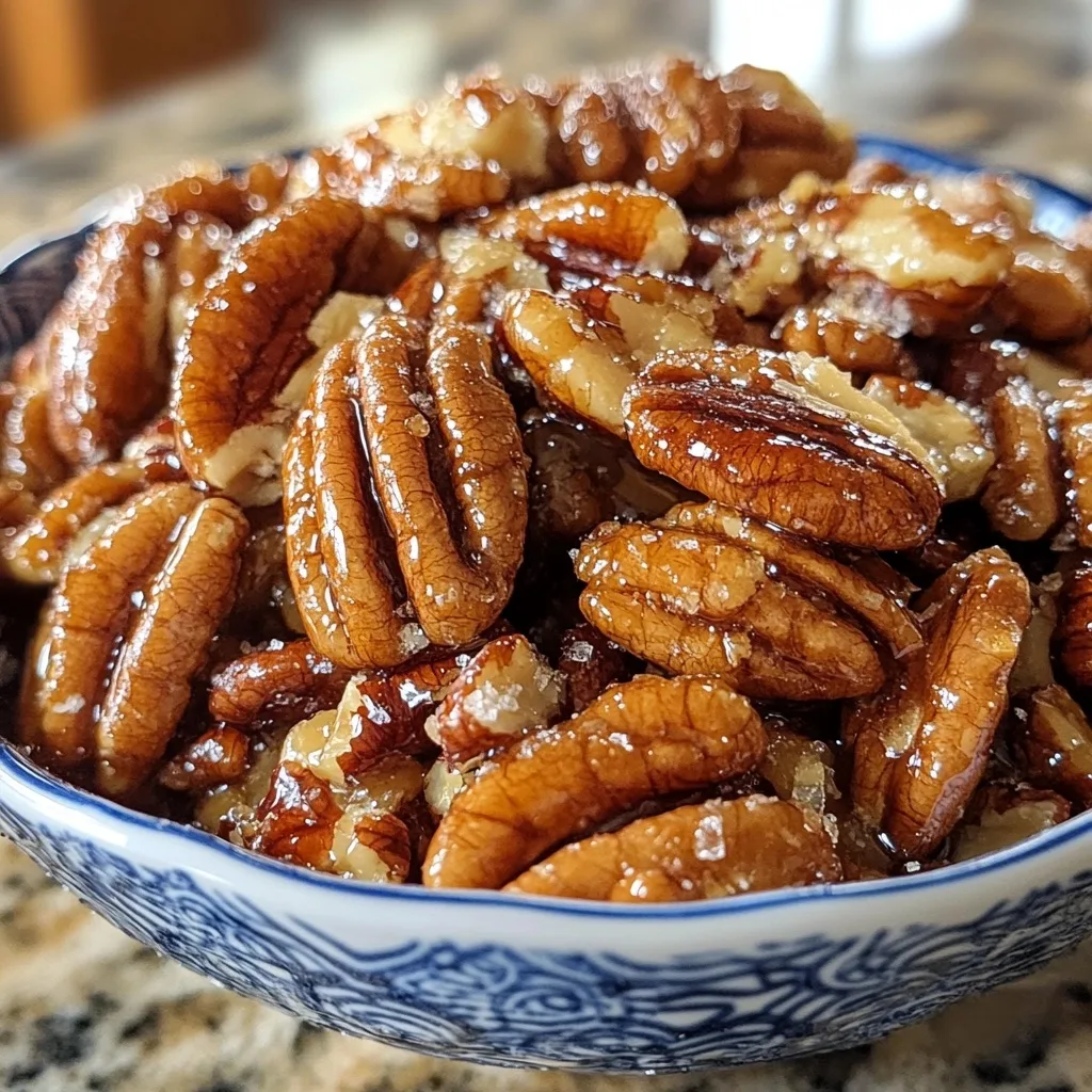 Close-up of caramel-coated pecan halves with crystallized sugar glistening on the surface