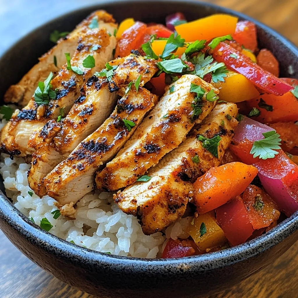 Close-up of spice-rubbed chicken slices with red, yellow and orange bell peppers over rice in a dark bowl